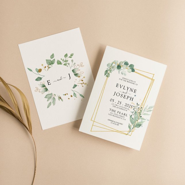 Rustic Watercolor Eucalyptus Gold Frame Wedding Invitation (Creator Uploaded)