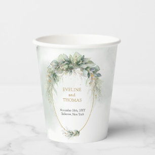 Rustic watercolor eucalyptus greenery gold wedding paper cups