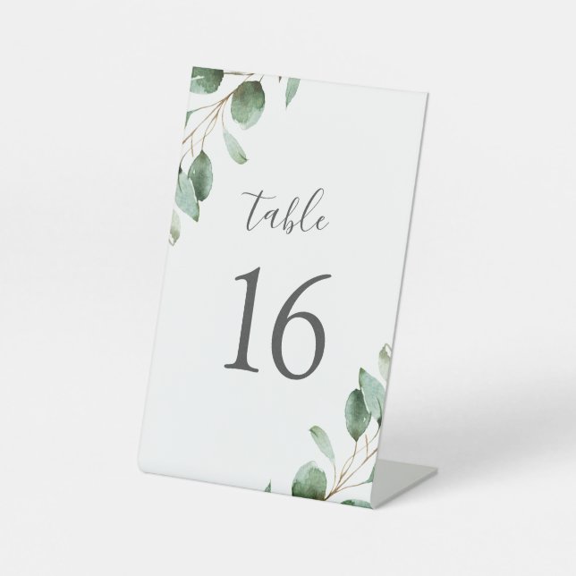 Rustic Watercolor Eucalyptus Greenery Table Number Pedestal Sign (Front)
