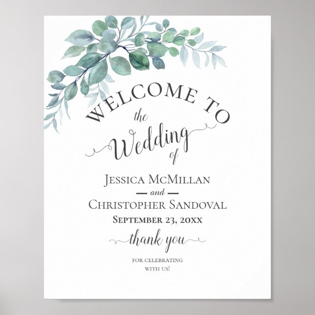 Rustic Watercolor Eucalyptus Greenery Wedding Poster (Front)