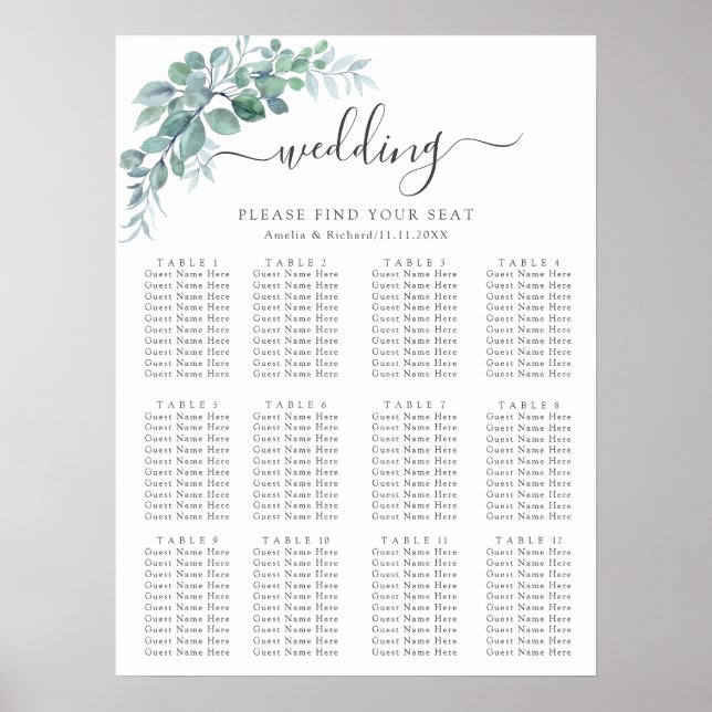 Rustic Watercolor Eucalyptus Greenery Wedding Poster (Front)
