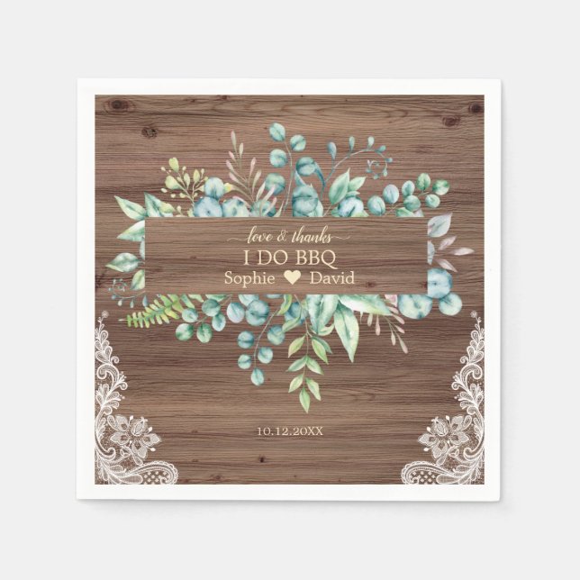 Rustic Watercolor Eucalyptus Lace Barn I DO BBQ Napkin (Front)