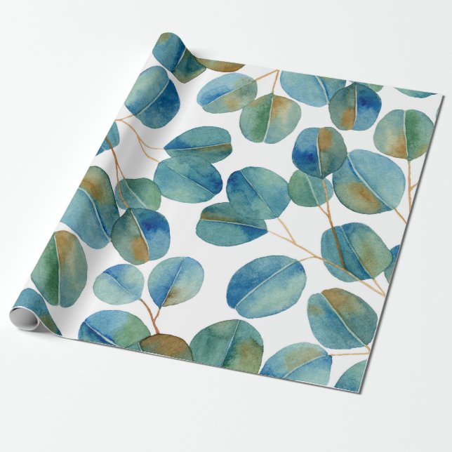 Rustic Watercolor Eucalyptus Leaves Pattern  Wrapping Paper (Unrolled)