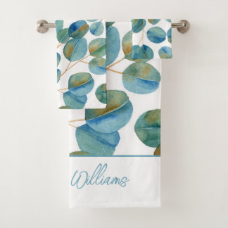 Rustic Watercolor Eucalyptus Leaves Personalised Bath Towel Set