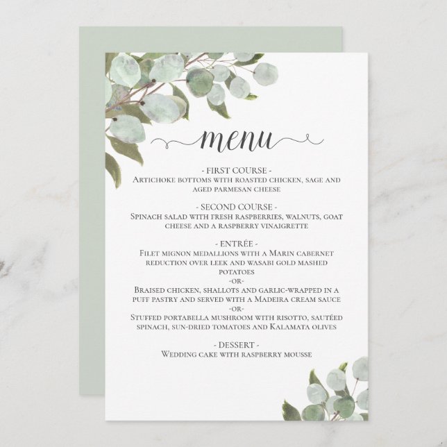 Rustic Watercolor Eucalyptus Leaves Sage Wedding Menu (Front/Back)