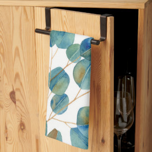 Rustic Watercolor Eucalyptus Leaves   Tea Towel