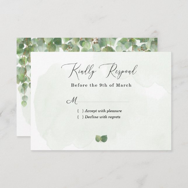 Rustic Watercolor Eucalyptus Leaves Wedding RSVP Card (Front/Back)