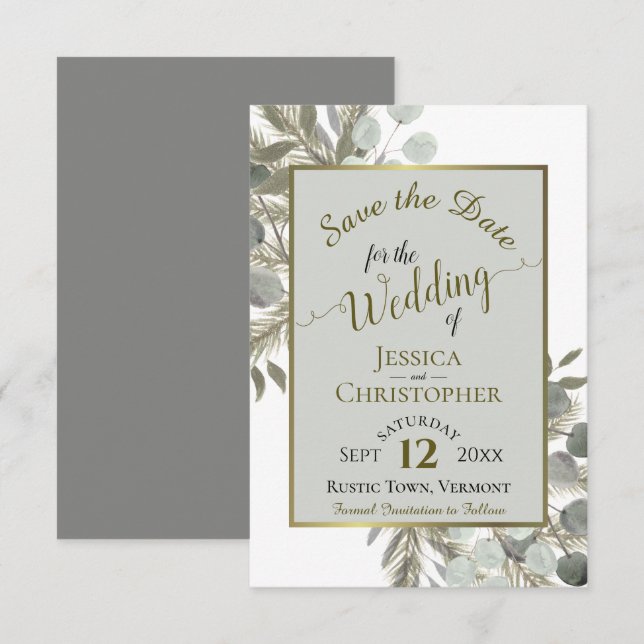 Rustic Watercolor Eucalyptus & Pine Grey Wedding Save The Date (Front/Back)