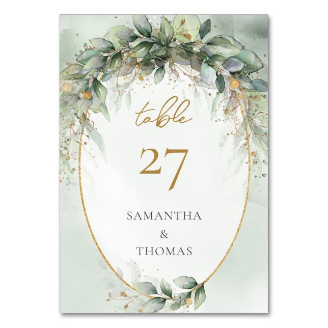 Rustic watercolor eucalyptus sage greenery gold table number (Front)