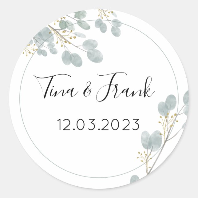 Rustic Watercolor Eucalyptus Wedding Classic Round Sticker (Front)