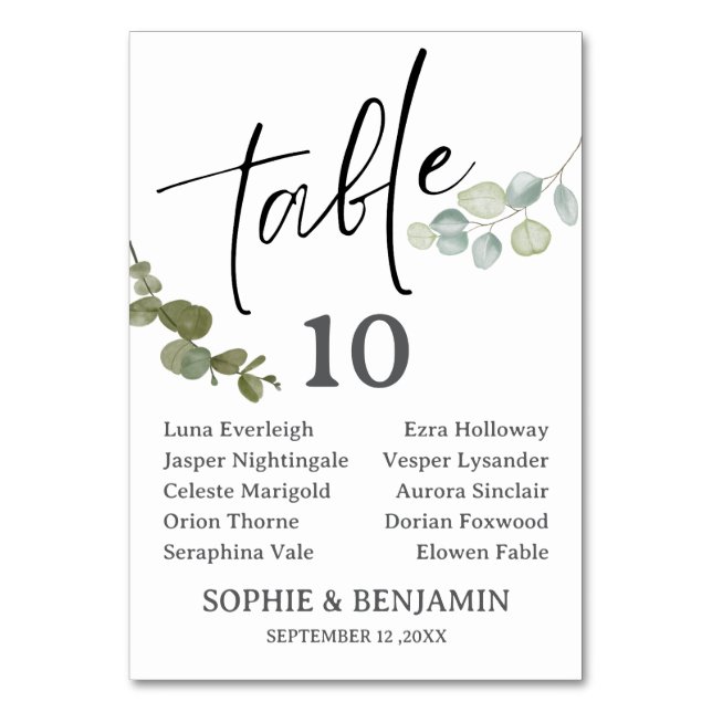 Rustic Watercolor Eucalyptus Wedding Seating Cards (Front)