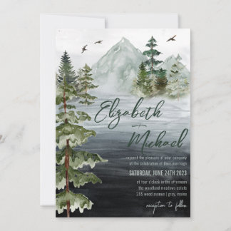 Rustic Watercolor Evergreen Mountain Wedding Invit Invitation