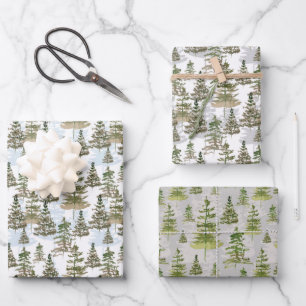 Rustic Watercolor Evergreen Pine Tree Christmas Wrapping Paper Sheet