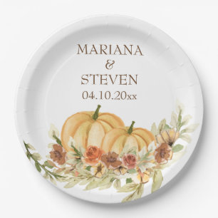 Rustic Watercolor Fall in Love Pumpkin Wedding Pap Paper Plate