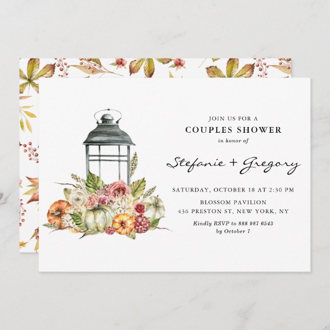 Rustic Watercolor Fall Lantern Couples Shower Invitation (Front/Back)
