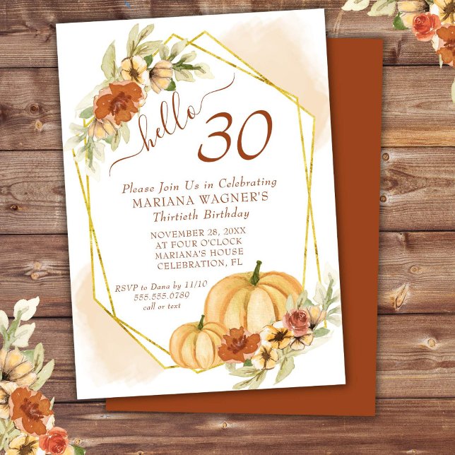 Rustic Watercolor Fall Pumpkin 30th Birthday Invit Invitation (Creator Uploaded)