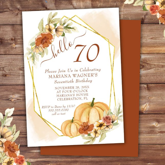 Rustic Watercolor Fall Pumpkin 70th Birthday Invitation (Creator Uploaded)
