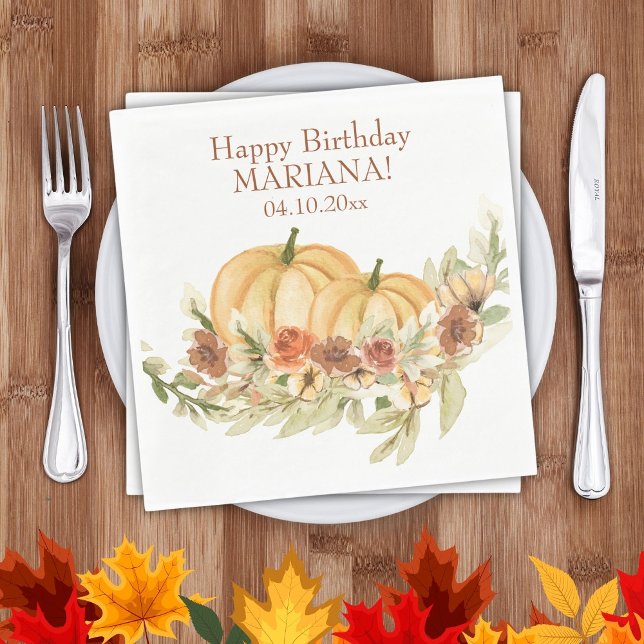 Rustic Watercolor Fall Pumpkin Birthday Party Napkin (Creator Uploaded)
