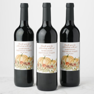 Rustic Watercolor Fall Pumpkin Birthday Party Wine Wine Label