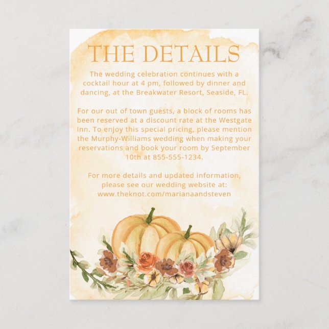 Rustic Watercolor Fall Pumpkin Details Wedding Enc Enclosure Card (Front)