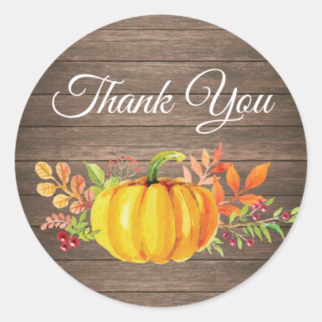 Rustic Watercolor Fall Pumpkin Thank You Classic Round Sticker (Front)