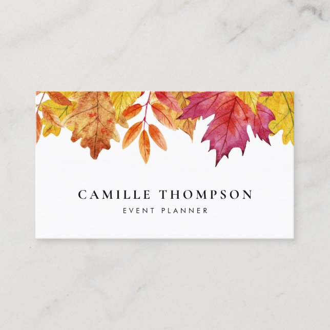 Rustic Watercolor Falling Leaves Autumn Business Card (Front)