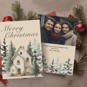 Rustic Watercolor Farmhouse Christmas Photo Holiday Card