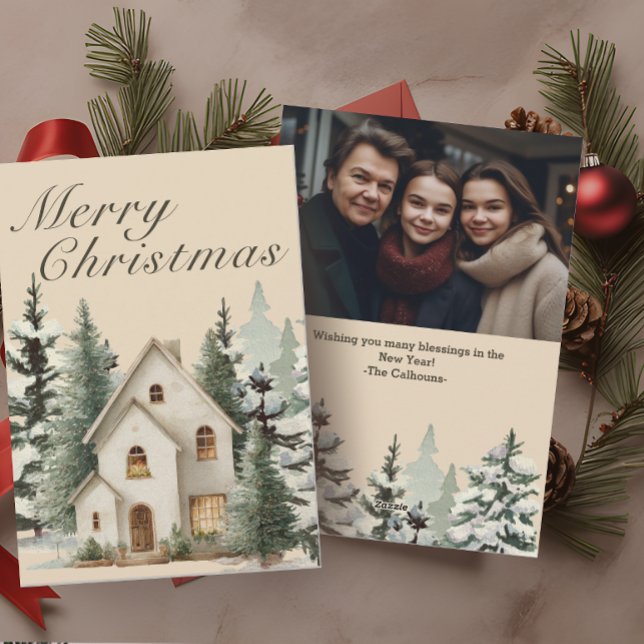 Rustic Watercolor Farmhouse Christmas Photo Holiday Card (Creator Uploaded)