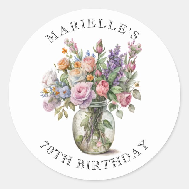 Rustic Watercolor Floral 70th Birthday  Classic Round Sticker (Front)