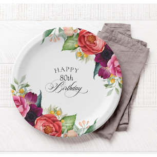 Rustic Watercolor Floral 80th Birthday Party Paper Plate