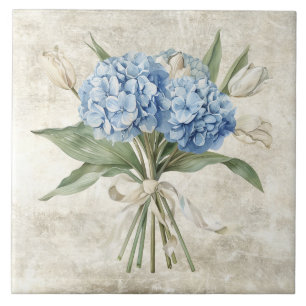 Rustic Watercolor Floral Blue Hydrangea Ceramic Tile