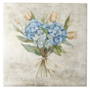 Rustic Watercolor Floral Blue Hydrangea Ceramic Tile