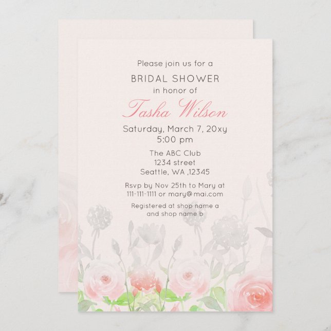 Rustic Watercolor Floral Blush Bridal Shower Invitation (Front/Back)