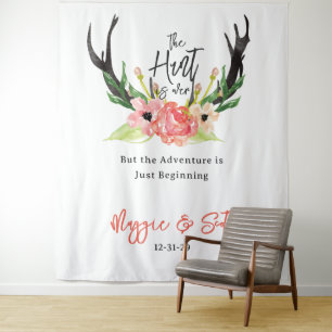 Rustic Watercolor Floral Boho Hunt is Over Wedding Tapestry