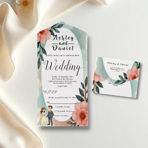 Rustic Watercolor Floral Bride And Groom Wedding All In One Invitation