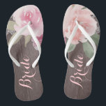 Rustic watercolor floral bride wedding thongs<br><div class="desc">Romantic hand-drawn watercolor pastel pink and peach roses floral design with white vintage lace on rustic wood grain background. Chic and elegant,  great flip flop for bride in vintage wedding,  rustic wedding or country wedding in spring.
See all the matching pieces in collection below.</div>