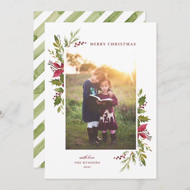 Rustic Watercolor Floral Classic Holiday Card (Front/Back)