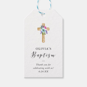 Rustic Watercolor Floral Cross Kraft Look Baptism Gift Tags