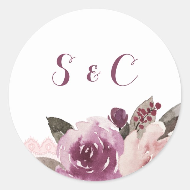Rustic watercolor floral fall wedding monogram classic round sticker (Front)