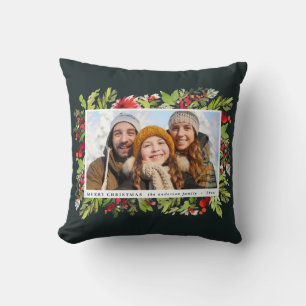rustic watercolor floral foliage christmas photo cushion