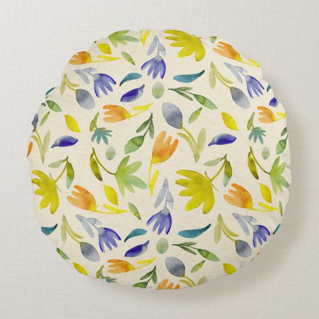 Rustic Watercolor Floral Garden Botanical Round Cushion (Front)