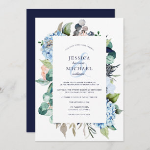 Rustic Watercolor Floral Hydrangea Navy Wedding Invitation