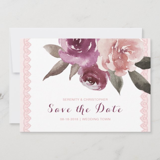 Rustic watercolor floral lace save the date (Front)