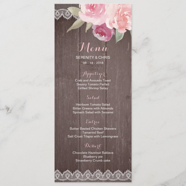 Rustic watercolor floral lace wedding menu (Front)