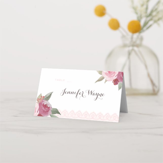 Rustic watercolor floral lace Wedding place cards (Front)