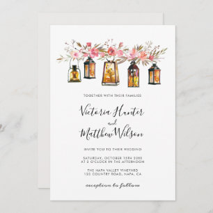 Rustic Watercolor Floral Lantern Wedding Invitation