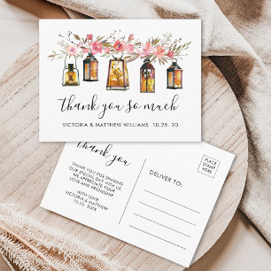Rustic Watercolor Floral Lantern Wedding Thank You Postcard