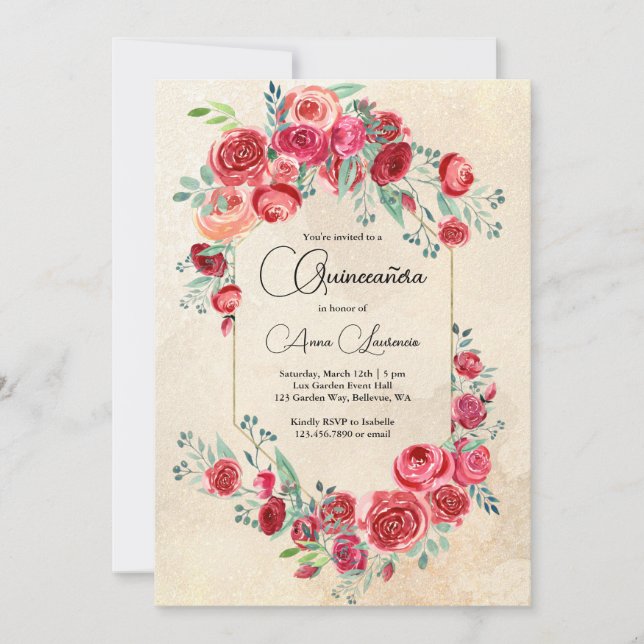 Rustic Watercolor Floral Quinceanera Invitation (Front)