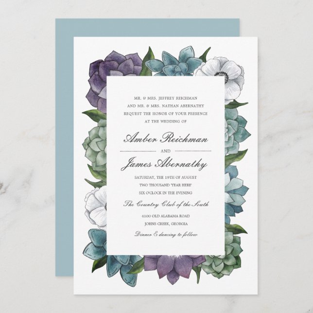 Rustic Watercolor Floral Succulents Wedding Invitation (Front/Back)