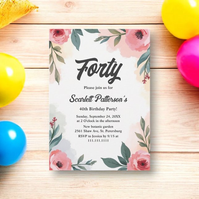 Rustic Watercolor Floral Summer 40th Birthday Invitation (Creator Uploaded)